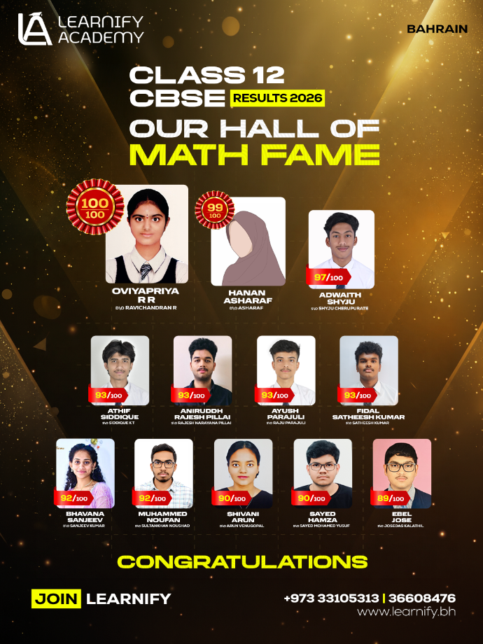 Learnify Academy CBSE Class 12 Results 2026 – Hall of Math Fame – Bahrain. Topper: Oviyapriya R R 100/100