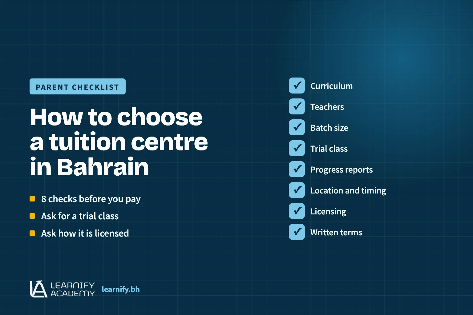 Checklist graphic for parents choosing a tuition centre in Bahrain: curriculum, teachers, batch size, trial class, progress and licensing