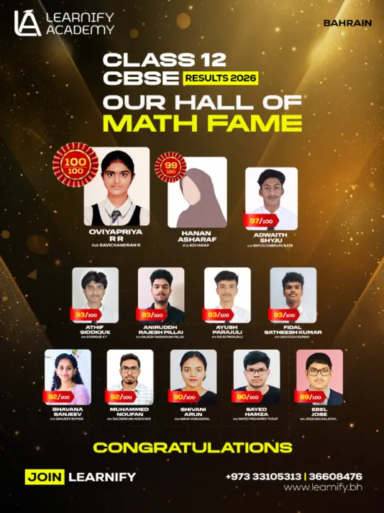 Class 12 CBSE 2026 Maths results poster of Learnify Academy Bahrain, led by Oviyapriya R R with 100/100